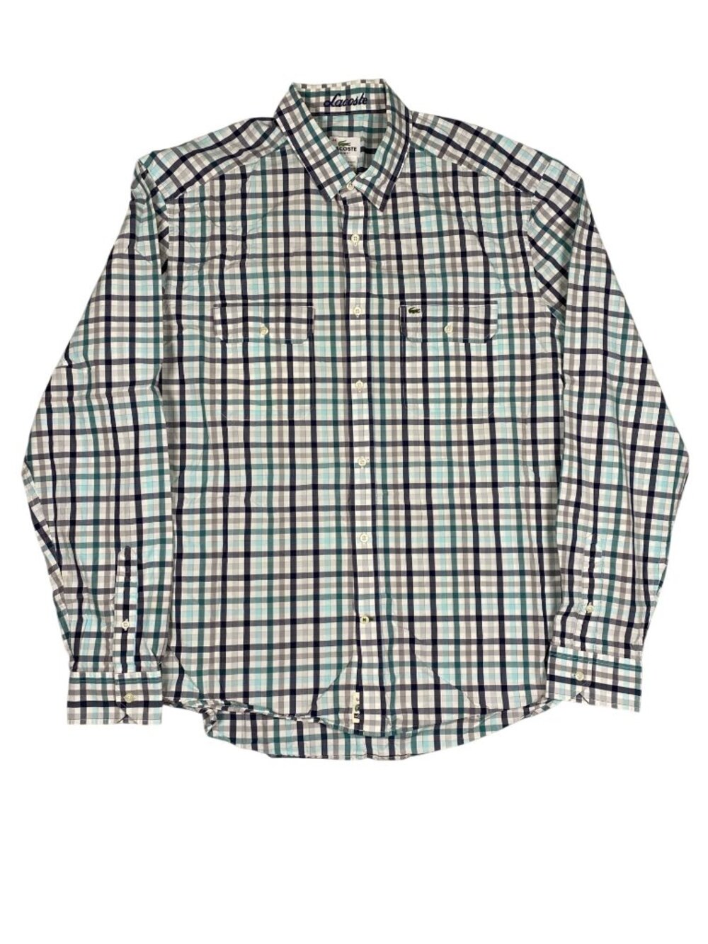 Lacoste Slim Fit Mens Plaid Button-Up Long Sleeve Shirt 44 Cotton Blue/Green